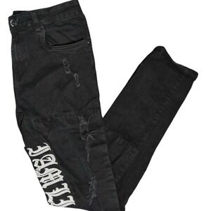 Taker Mens Black Distressed Gothic Embroidered Limited Edition Jeans 34x32